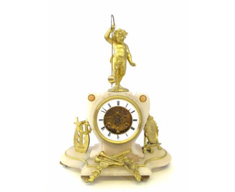 A 19th century French alabaster mantel clock, the lyre shaped body surmounted with a putti holding a plumb weight aloft with 