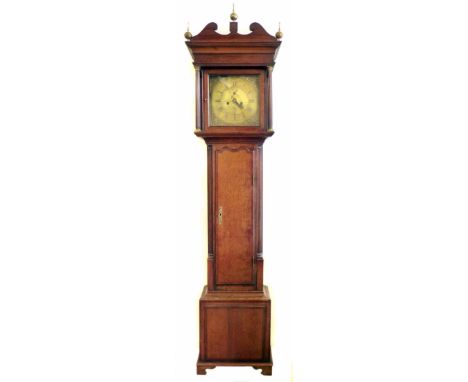 Late 18th century long case clock, 8-day movement, striking on single bell, square brass dial signed Redshaw, Newcastle, oak 