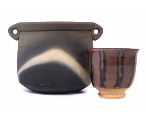John Leach Muchelney pottery vase, with twin ring handles and blended matt smoke glazed body, also a John Leach yunomi, impre