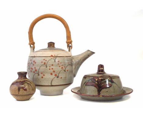 David Leach St Ives pottery teapot, with cane handle, also a butter dish, small vase (5) the teapot measures 22cm overall hei