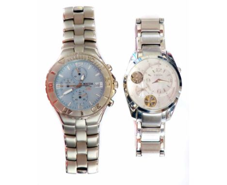 Two gentlemen's wristwatches comprising a Fossil steel bracelet watch, automatic movement, also a Boccia titanium bracelet wa