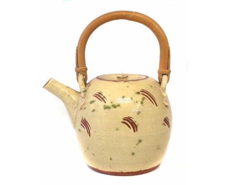 William 'Bill' Marshall (1923-2007) teapot, with cream/yellow cut through glaze dotted in green, monograms to side of foot, 2