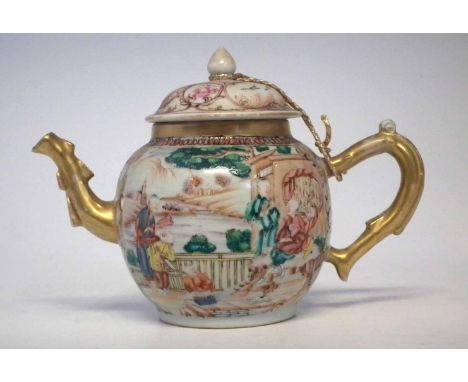 Chinese teapot, with branch moulded handle and spout, painted with figures in a famille rose palette, Qianlong period, 15cm h
