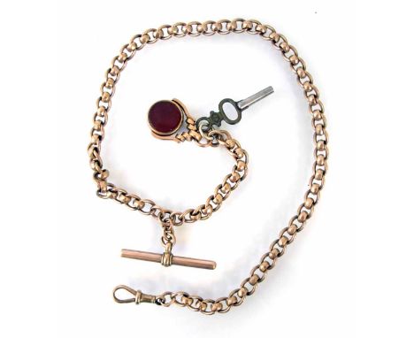 Victorian 9ct gold watch chain, complete with bloodstone and carnelian set spinning fob, twisted curb links with fasted rolle