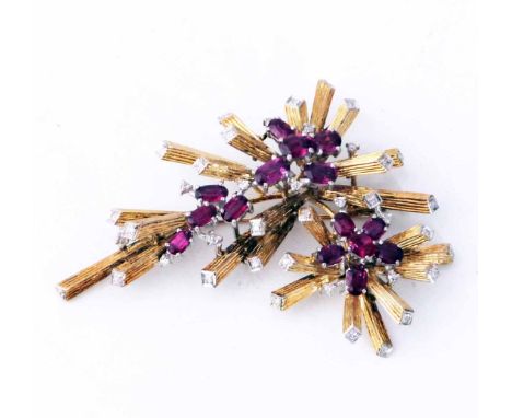 A ruby and 18ct yellow gold stylized brey brooch, circa 1950s/1960s, design measuring 70 x 50mm, pull out barrel clasp stampe
