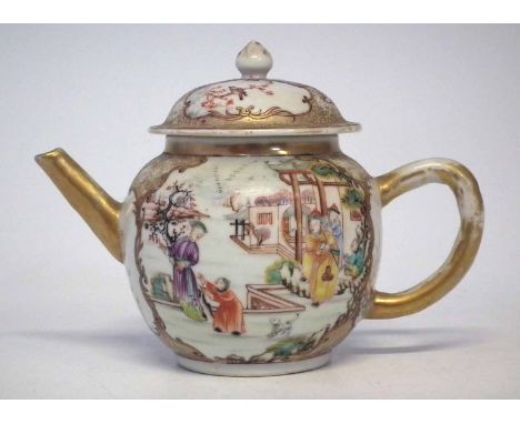 Chinese teapot, painted with figures in a famille rose palette, Qianlong period, 13cm high     Condition report: Wear to the 