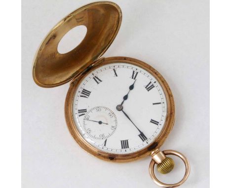 9ct gold half hunter pocket watch, case import mark Glasgow 1919, white enamel Roman dial, subsidiary seconds, time set lever