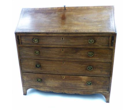 George III mahogany bureau, flap cross banded with whitewood string covering fitted interior unusually with double doors to c
