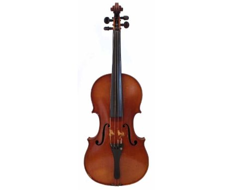French Violin, with two piece flamed maple back and sides, red brown varnish , fitted in padded period case marked W.E. Hill 