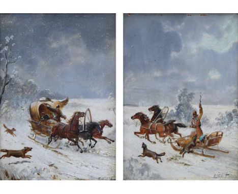L. Obit, 19th century, Russian School,  Snow scenes with figures and sleighs, both signed, a pair, oil on panel, 20 x 14cm.; 