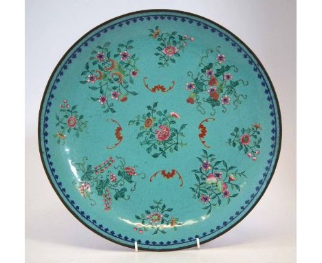 Chinese Canton enamel charger, decorated with four bats, fruit and floral sprays on a turquoise ground, mid 19th century, 37.