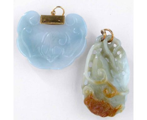 Two Chinese jade pendants with yellow metal suspensions, one carved with a bat on a pear, length 5cm; the other of ruyi shape