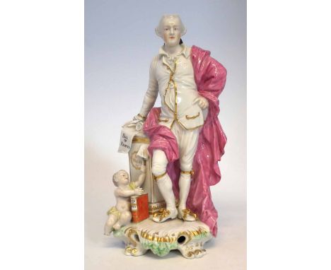 Derby figure of Politian John Wilkes circa 1770, standing dressed in pink and white, with one hand resting on a pedestal insc