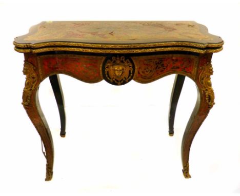 Victorian boulle fold-over card table, red tortoiseshell serpentine front, swivel action, four fixed legs, width 89cm (35"), 