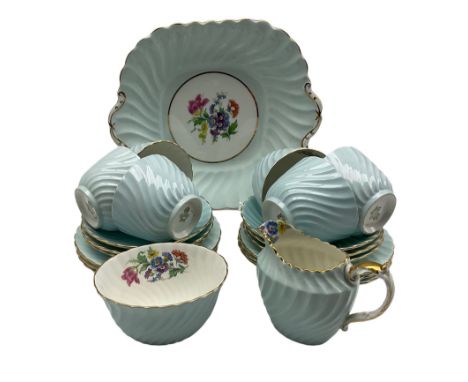 Aynsley tea set, in duck egg blue with roses, comprising 6 cups, saucers, cake plates, cream jug, sugar bowl and cake platter