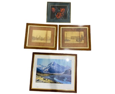 English School (20th century): Roses, watercolour unsigned together with pair early photographs and landscape print (4)