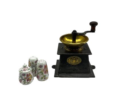 Victorian cast iron and brass coffee grinder mill by J &amp; W Findlay of Liverpool together with Minton Haddon Hall pattern 