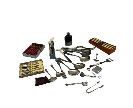Ronson Whirlwind lighter, hip flask with plated cup, plated cutlery, bone handled knives etc
