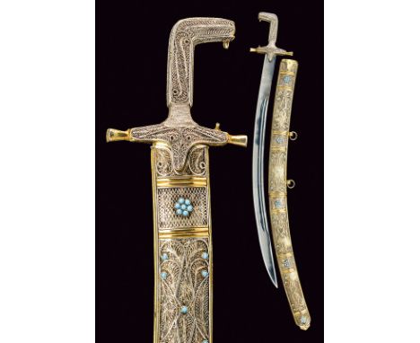 dating: 20th Century provenance: Arabia, Curved blade with double fuller and chromium plating. Gilded, silver hilt and grip r