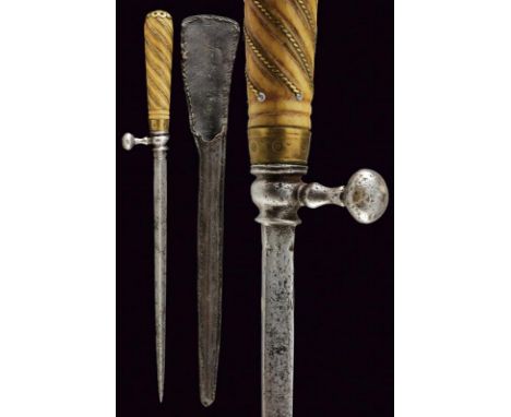 dating: circa 1700 provenance: Spain, Straight blade of square section, stiletto type, knot with iron arm ending in a button.