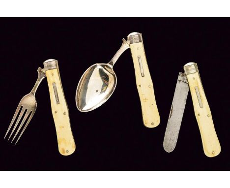 dating: circa 1900 provenance: Europe, Composed of a knife, fork and spoon, all folding, grips with ivory plates and silver m