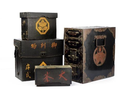dating: 19th Century provenance: Japan, One rectangular for ammunition, 24 x 17 x 8 cm, wooden, covered with black paper with
