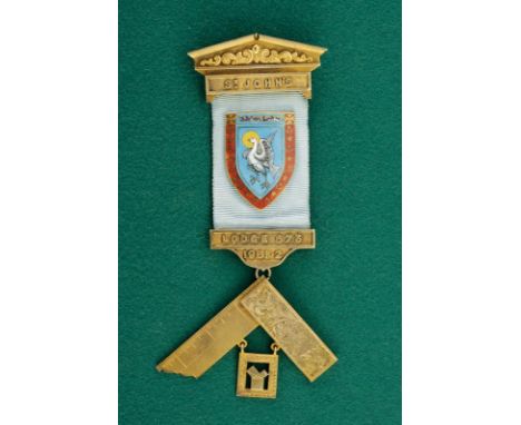 dating: 1962 provenance: England, Light-blue, silk ribbon with a shield enameled in polychrome, silver, gilded mount marked '
