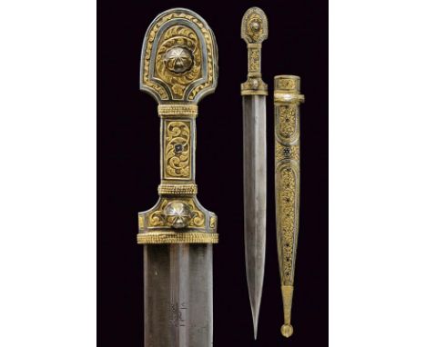 dating: 1900 provenance: Caucasia, Straight, double-edged blade, ribbed at the center, with elongated tip, the forte engraved