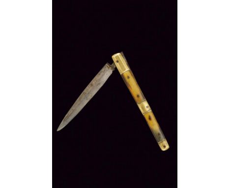 dating: 19th Century provenance: Piedmont, Straight, single-edged blade. Brass grip with horn plates (one personalized plate 