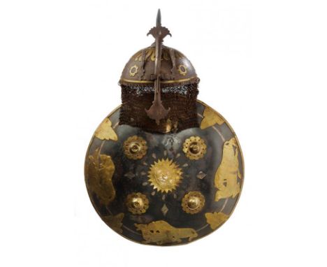 dating: 19th Century provenance: Indopersia, Helmet with iron, hemispherical skull, provided with thick cusp at the peak with