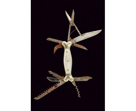 dating: 19th Century provenance: France, Provided with eleven blades and tools. Mother-of-pearl grip scales and white metal m