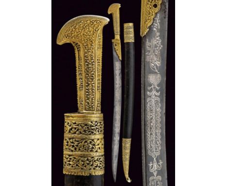 dating: 18th Century provenance: Turkey, Curved, single-edged blade, with inscriptions in Arabic and silver-inlaid floral and