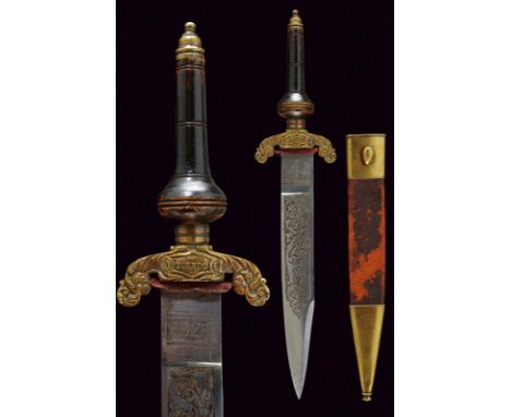 dating: 19th Century provenance: Spain, Straight, single-and false-edged blade, engraved with rinceaux on both facets, marked