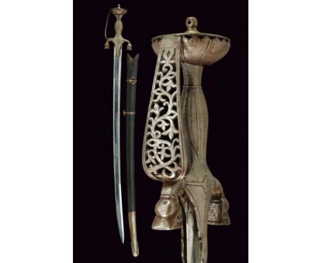 dating: circa 1900 provenance: India, European, slightly curved blade with jelman; damask hilt of typical shape, decorated wi