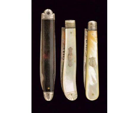 dating: End of 19th beginning of 20th Century provenance: England, All different, silver blades with stamps. Two grips with m