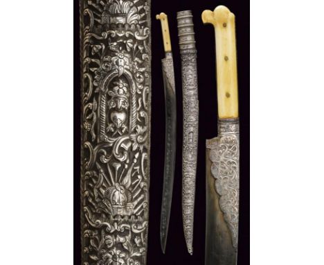 dating: 19th Century provenance: Greece, Blade of typical shape, in beautiful damask. Grip with ivory grip scales and long, s