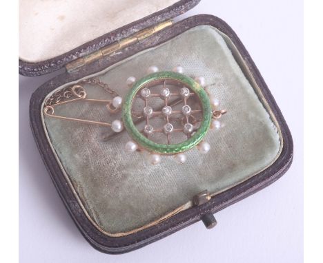 A gold, enamel, pearl and diamond set brooch, cased.