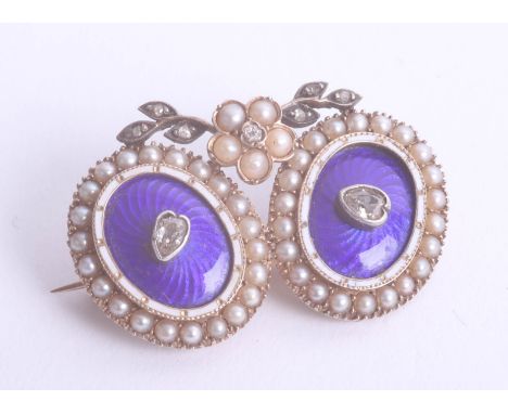 A Victorian blue enamel, diamond and pearl set brooch.