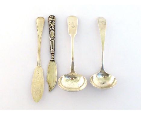 A Victorian Provincial silver fiddle pattern sauce ladle by Joseph Mayer of Liverpool, Exeter, 1851, engraved with mermaid cr