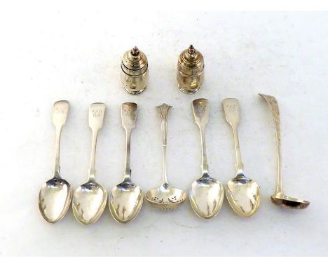 A set of five Victorian Fiddle pattern dessert spoons by Charles Boyton, London, 1858, initialled "CP"; a George III Old Engl