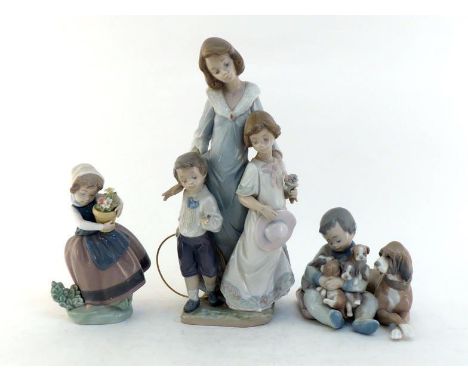 Three LLadro ceramic groups, a lady with a boy and girl, a girl carrying a pot of flowers and a child holding a litter of fou