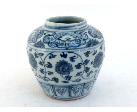 A Chinese blue and white porcelain jar, side decorated with scrolling lotus between bands of clouds and leaf panels, Mid-Ming