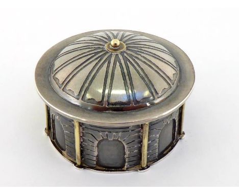 A modern designer silver pill box of architectural form with applied narrow gold pillars, by Vicki Ambery-Smith, London, 1994