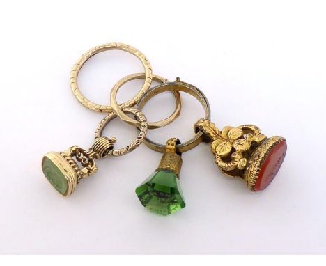 A group of 19th century fob seals, one chrysoprase intaglio cut with a gentleman's head in profile, (tests 14 carat gold), wi