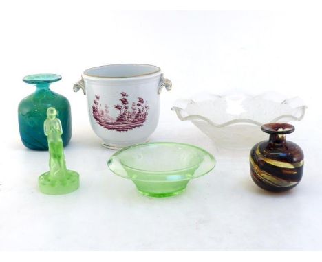 A mixed lot of glass and ceramics comprising two Mdina glass vases, one sea green swirl of squared section, ht. 16cm., one da