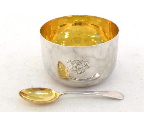 An Indian Colonial silver sugar or christening bowl and spoon by Orr of Madras, probably early 20th century, stamped in Old E