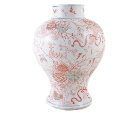 Chinese vase, painted with flowers and mons in red enamel, underglaze blue lines to base and borders, 18th century.34cm high 