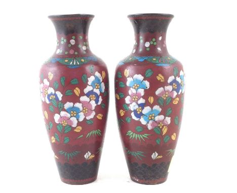Pair of Cloisonne vases, decorated with flowers and butterflies, late 19th / early 20th century.18cm highCondition report: Sm