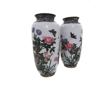 Pair of Japanese cloisonne vases, decorated with flora and butterflies, late 19th early 20th century.27.5cm highCondition rep