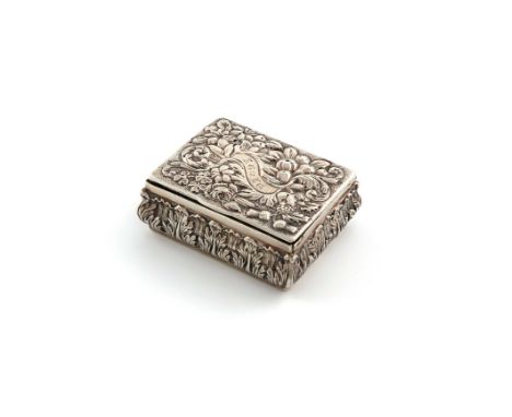 A William IV silver snuff box, maker's mark partially worn ? and Co., Sheffield 1832, rectangular form, acanthus leaf cushion